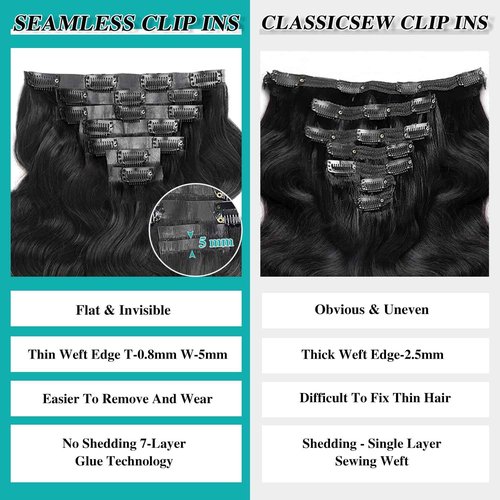 Liqusee Seamless Clip In Hair Extensions Real Human Hair Invisible PU Skin Weft Body Wave Clip Ins 100% Unprocessed Brazilian Remy Human Hair Extensions 7pcs with 16Clips 110g（Natural Black,18 inch）