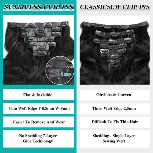 Liqusee Seamless Clip In Hair Extensions Real Human Hair Invisible PU Skin Weft Body Wave Clip Ins 100% Unprocessed Brazilian Remy Human Hair Extensions 7pcs with 16Clips 110g（Natural Black,22 inch）