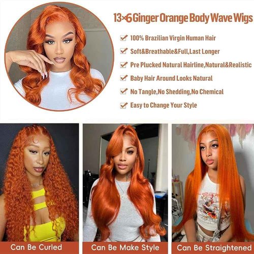 Alimoonbeam Ginger Orange 28 Inch13x6 Lace Front Wigs Human Hair Body Wave Frontal Wigs Human Hair for Women 180 Density Pre Plucked HD Transparent Lace Glueless 350 Colored Wig Bleach Knots
