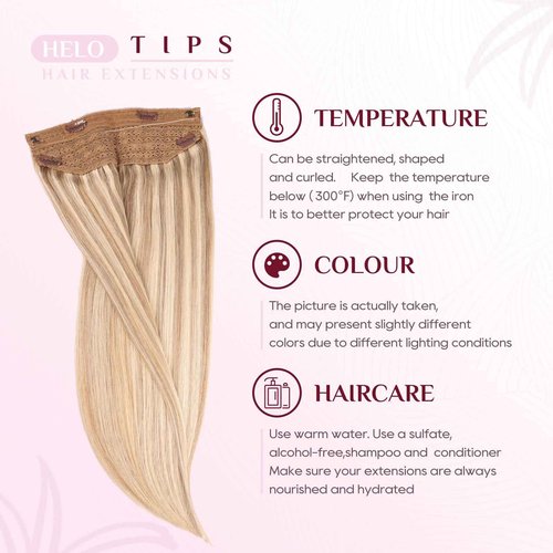 Halo Hair Extensions - Light Blonde Highlighted Bleach Blonde Headband Adjustable Size Removable Secure,Halo Extensions Real Human Hair #1622O 14 Inch 70g