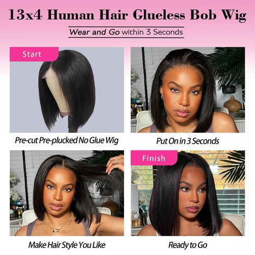 TruhLius Wear and Go Glueless Bob Wig Human Hair 16 Inch Natural Black 13x4 Lace Front Wigs Human Hair Pre Plucked Pre Cut 200 Density Short Straight Bob Wigs for Black Women