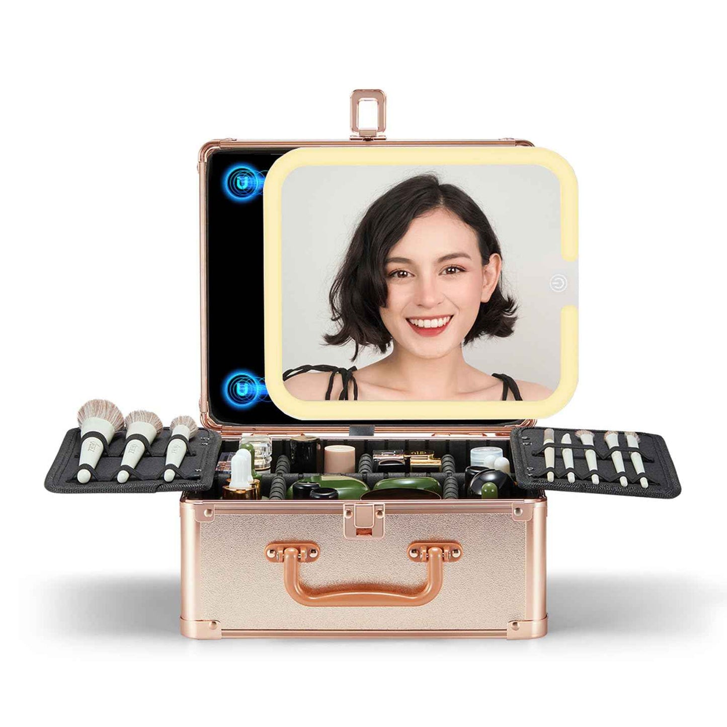 OMIRO Makeup Case, Travel Makeup Bag with Light Up Mirror Set, Makeup Organizer Box with Magnet Travel Makeup Mirror for Women (Rose Gold)