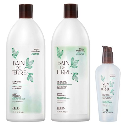 Bain de Terre Balancing Shampoo and Conditioner Set & Shine Serum | Green Meadow | Restores Optimal Balance for Normal, Oily Hair | Paraben Free | Color-Safe | 33.8 Fl Oz