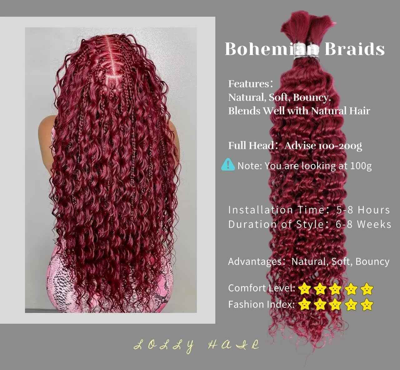 Human Braiding Hair 100g 28 Inch Deep Water Wave Bulk Human Hair for Braiding No Weft 12A Brazilian Virgin Curly Human Hair Extensions for Boho Braids Wet and Wavy 99J Red Burgundy Braiding Hair