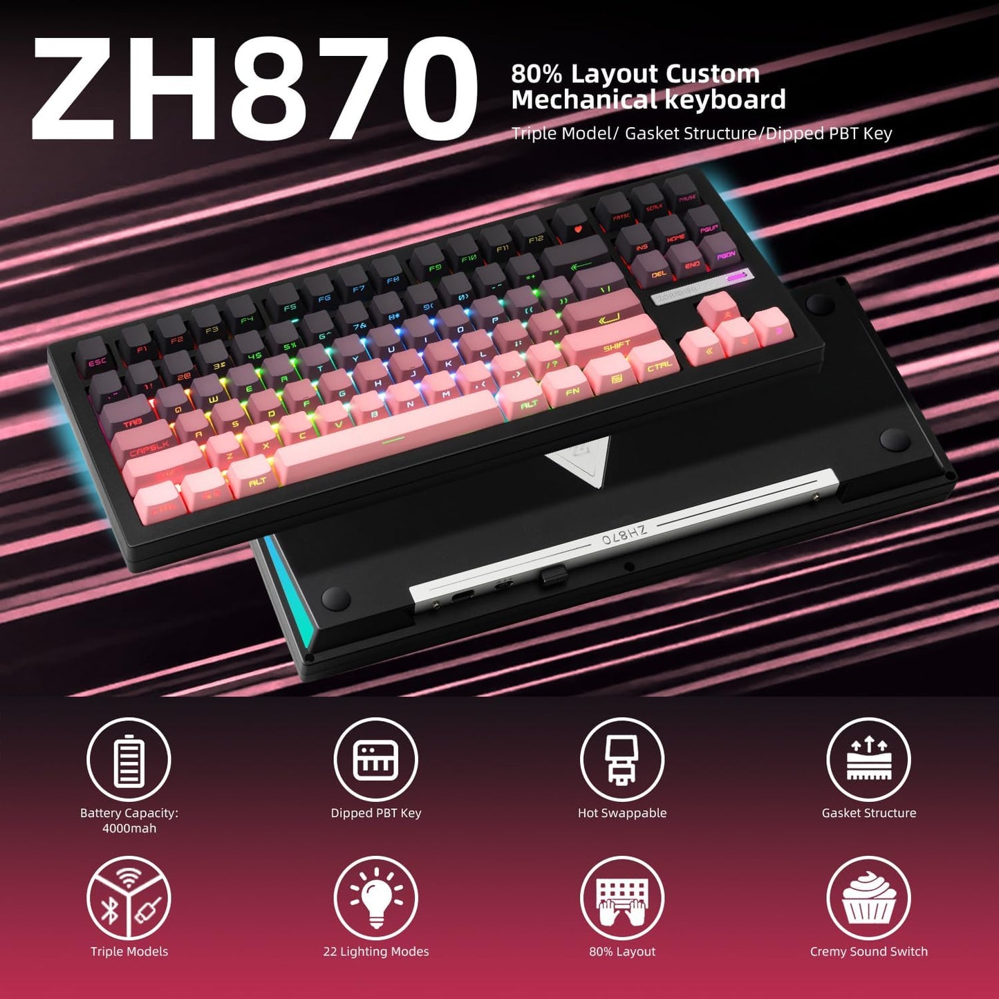 ZORNHER ZH870 Wireless Mechanical Gaming Keyboard,80% Green Custom Creamy Sound Keyboard with Shine Through PBT Keycaps,Pre-lubed Linear Switches,Hot-Swappable,RGB Backlit,2.4GHz/USB-C/BT5.0