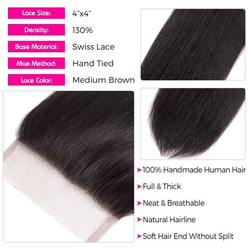 Subella Brazilian Straight Hair 3 Bundles with Closure Grade 10A Unprocessed Brazilian Virgin Human Hair Bundles with Closure Natural Black Color (18 20 22+16 Free Part)