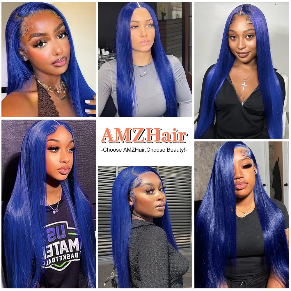 13x6 Blue Lace Front Wig Human Hair Straight Hd Transparent Navy Blue Lace Front Wigs Human Hair Wear and Go Glueless Wig Human Hair Pre Plucked 24 Inch Colored hd Lace Frontal Wigs for Black Women