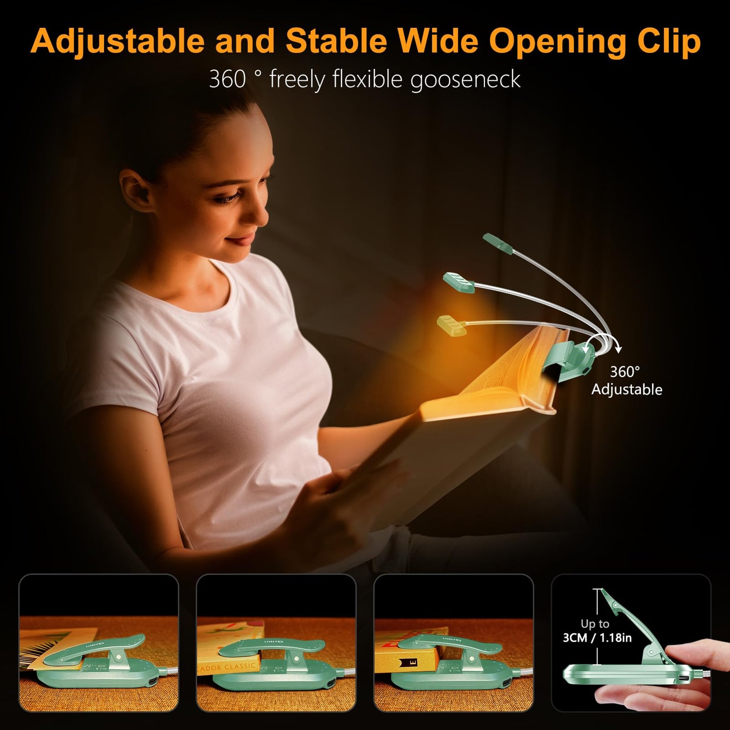 Gritin Rechargeable Book Light for Reading in Bed with 19 LED &Memory Function-Eye Caring 3 Color Temperatures,5 Brightness Levels,80 Hrs Runtime Flexible Goose Neck Clip on Light-Cyan