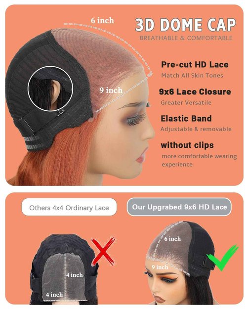 EINbeauty 9x6 HD Lace Glueless Wigs Human Hair Pre Plucked Pre Cut Bob Wig Human Hair Glueless Wigs Human Hair 200% Density Short Straight Bob Wigs for Black Women (14Inch,33#)