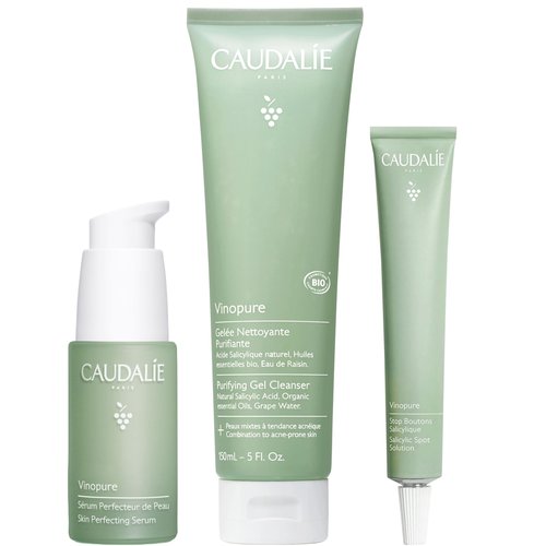 Caudalie Vinopure Acne-Prone Skin Trio, Skin Perfecting Serum 30 mL, Purifying Gel Cleanser 75 mL, and Salicylic Spot Solution 15 mL
