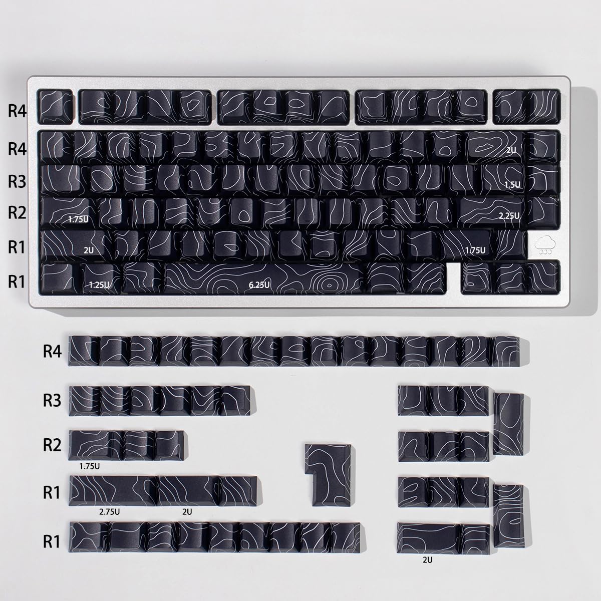 131 Keys Black Topographic Keycaps Cherry Profile Side Print Keycaps Set Fit for 60% 65% 75% 95% Cherry Mx Switches Mechanical Keyboard