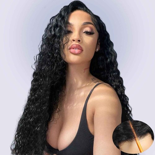 CrownGlory Wear and Go Glueless Wigs Human Hair Pre Plucked Pre Cut Deep Wave Lace Front Wigs Ready to Wear Glueless Wigs 26 Inch 13X4 Lace No Glue Natural Black Human Hair wigs for Black Women