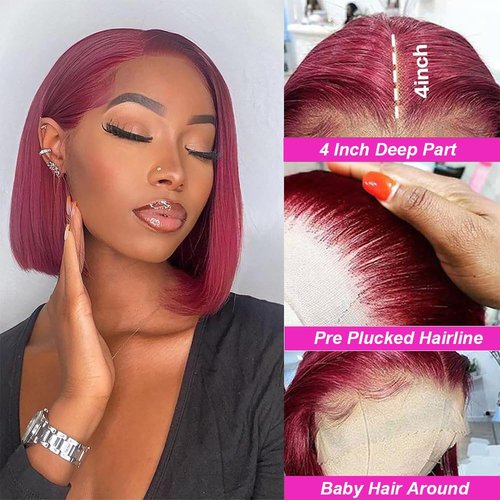 99J Burgundy Lace Front Wigs Human Hair 13x4 HD Lace Frontal Glueless Straight Short Bob Wig Human Hair 180% Density Bob Wigs for Black Women Human Hair Pre Plucked Natural Hairline Wine Red 14 Inch