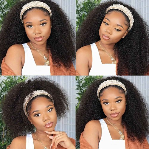 Coshgirl Kinky Curly Headband Wig Human Hair Curly Headband Wig Human Hair Machine Made Glueless None Lace Front Wig Brazilian Virgin Human Hair for Black Women Natural Color 24Inch