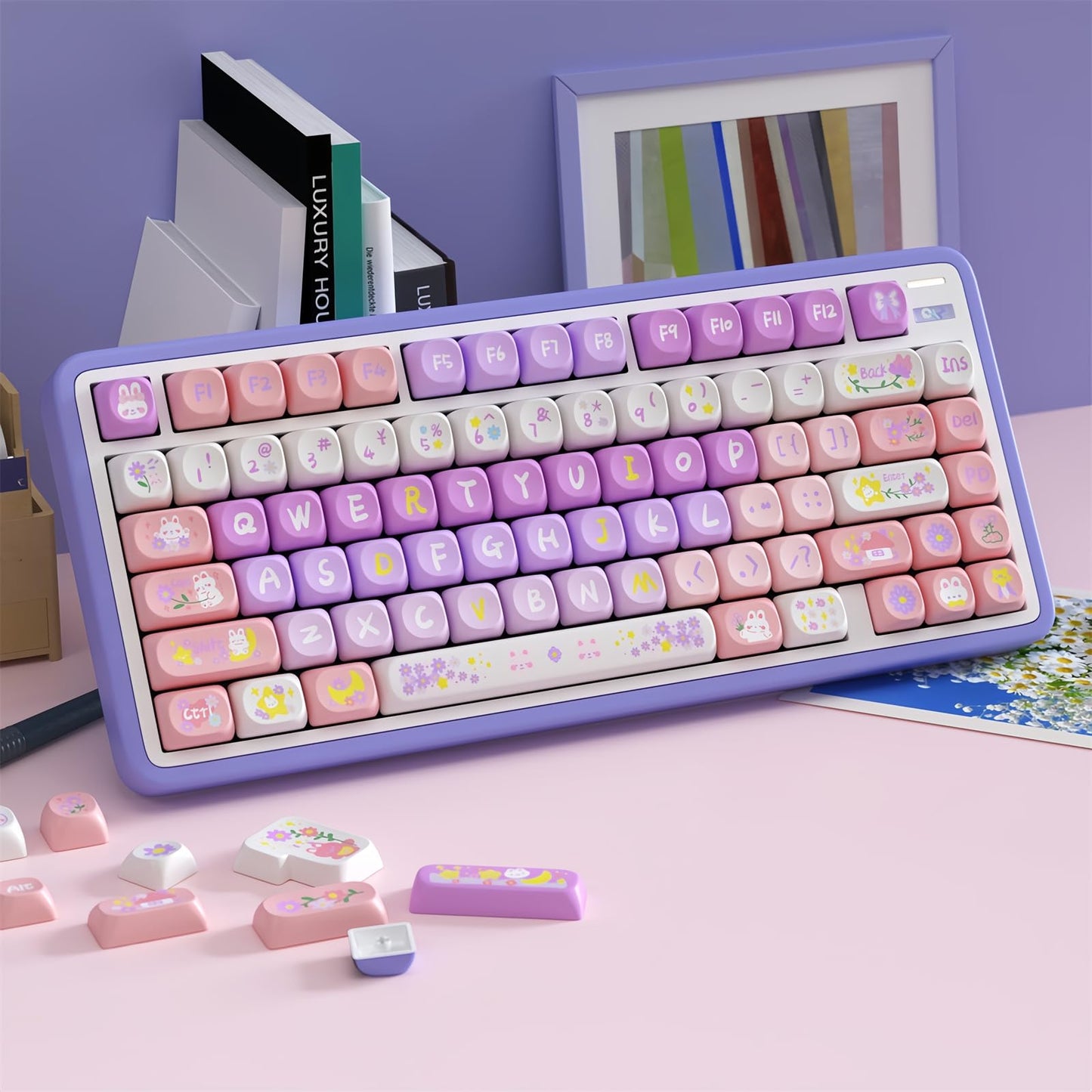 ZMX Cute PBT Keycaps,Kawaii Dye-Sub Custom Keycaps SOA Profile 136 Keys Full Size Keycap Set for 60% 65% TKL Cherry MX Switch ANSI Layout Mechanical Gaming Keyboard Creamy Keycaps (04)