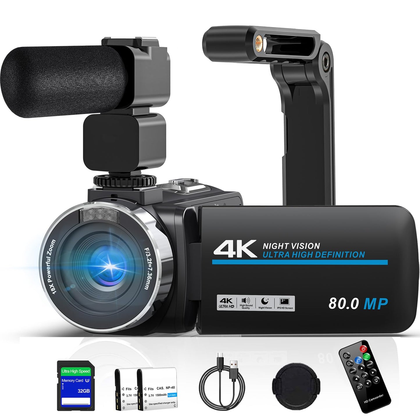 4K Camcorder Video Camera 80MP Ultra HD Vlogging Camera for YouTube 18X Digital Zoom 3.0" IPS HD Screen Recorder IR Night Version With Handheld Stabilizer, Microphone, Remote Control and 32GB SD Card