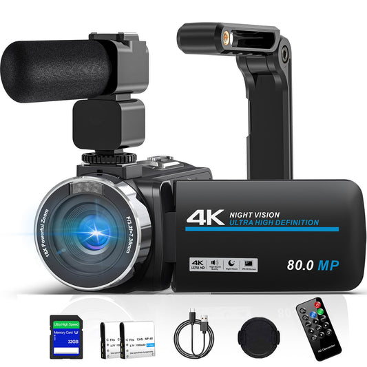 4K Camcorder Video Camera 80MP Ultra HD Vlogging Camera for YouTube 18X Digital Zoom 3.0" IPS HD Screen Recorder IR Night Version With Handheld Stabilizer, Microphone, Remote Control and 32GB SD Card