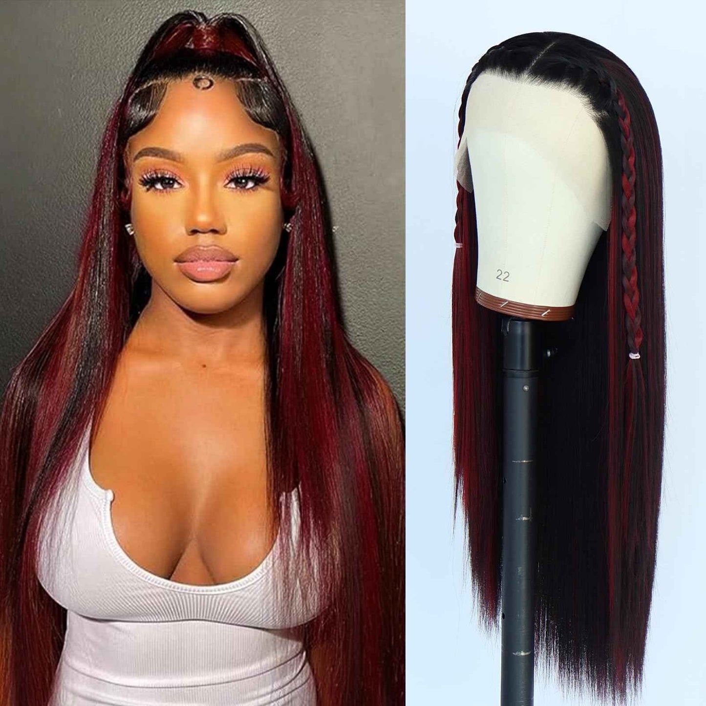 Oxeely Red Highlight Ombre Burgundy Synthetic Lace Front Wigs Long Straight Wigs Burgundy Lace Wigs Pre Plucked 1B/99J Skunk Stripe Glueless Wigs Heat Resistant Fiber Hair Red Wigs for Women Daily Use
