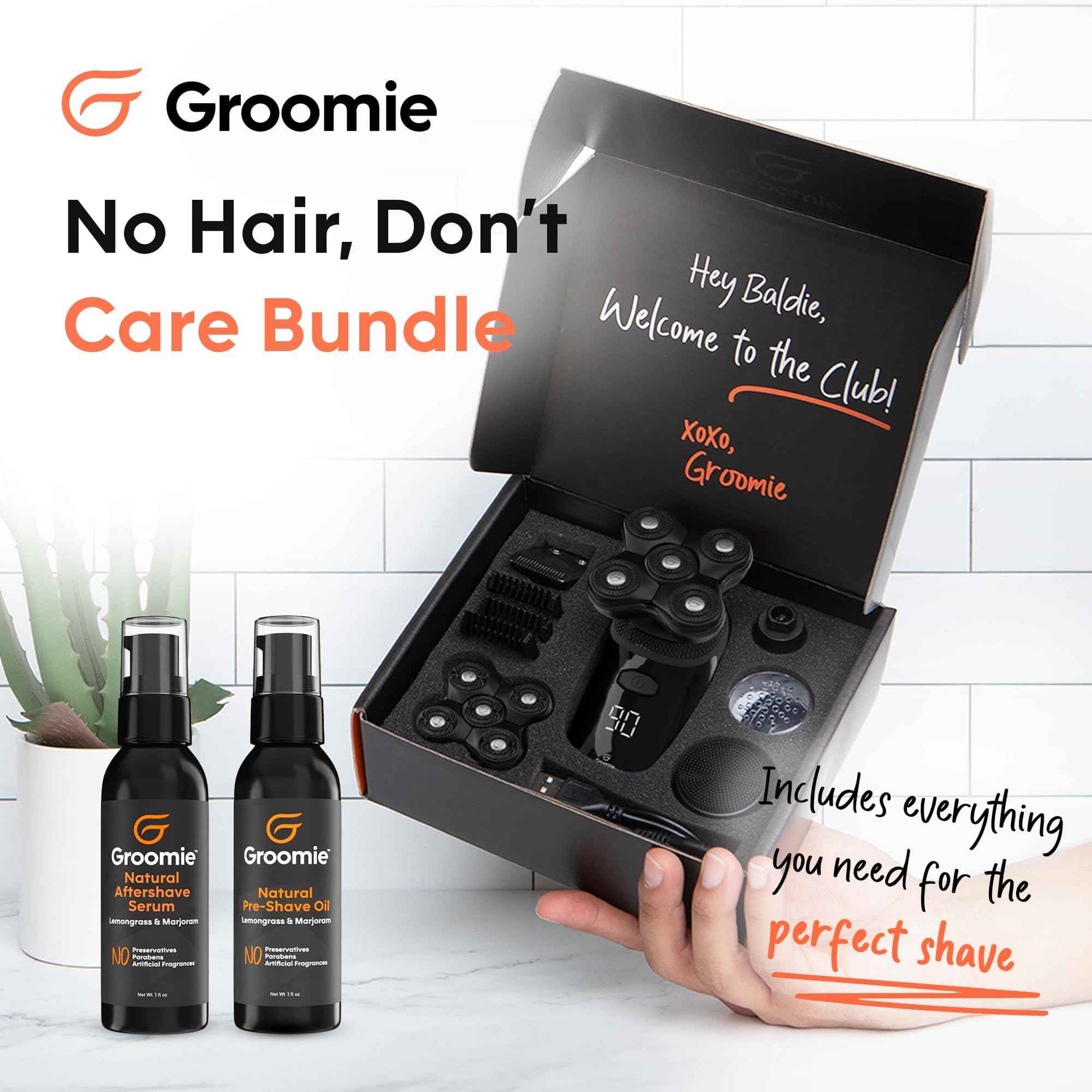 GROOMIE No Hair, Don't Care Bundle - 5D BaldiePro Electric Head Shavers for Bald Men, Natural Pre-Shave Oil to Promote Close Shave, & Natural Aftershave Serum - Mens Head Shaver Kit w/Electric Razor