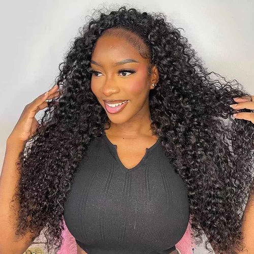 Kinky Curly Half Wig Human Hair 200% Density 3 In 1 Seamless Clip Ins Flip Over Half Wig Wear and Go Glueless Wigs Human Hair for Women Drawstring Headband Wig Beginner Friendly (Black, 18 Inch)