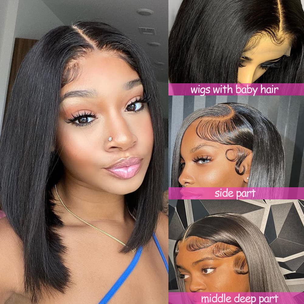 Karlami Bob Wig Human Hair 13X6 Lace Front Wigs Human Hair for Black Women Pre Plucked HD Short Wigs 150% Density Wigs (Natural color 13X6 straight bob, 14 Inch)