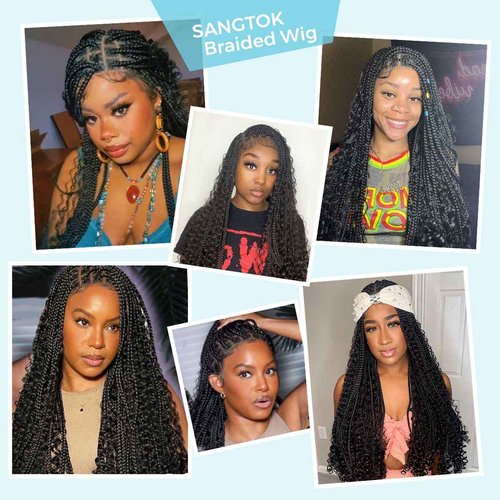 Sangtok Boho Braided Wigs for Black Women, 36 inch Knotless Full Lace Boho Box Braid Wig, Bohemian Curly Ended Double Full Lace Goddess Braided Wig