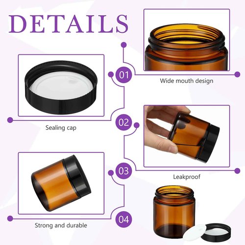 50 Pcs 2 oz Amber Glass Jars with Black Lids Leakproof Round Airtight Jars Empty Cosmetic Jars with Inner Liners Lid for Candle Making Storing Lotions Spice Powder Liquid Sample Makeup (Black,Amber)