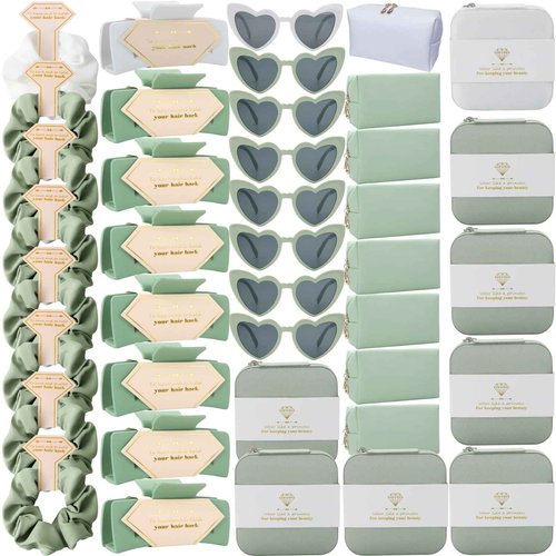Tethzeng Bridesmaid Scrunchies Proposal Gifts Bachelorette Hair Claws Clips Girls heart sunglasses for Wedding Party Favors (40, White&Sage Green box)