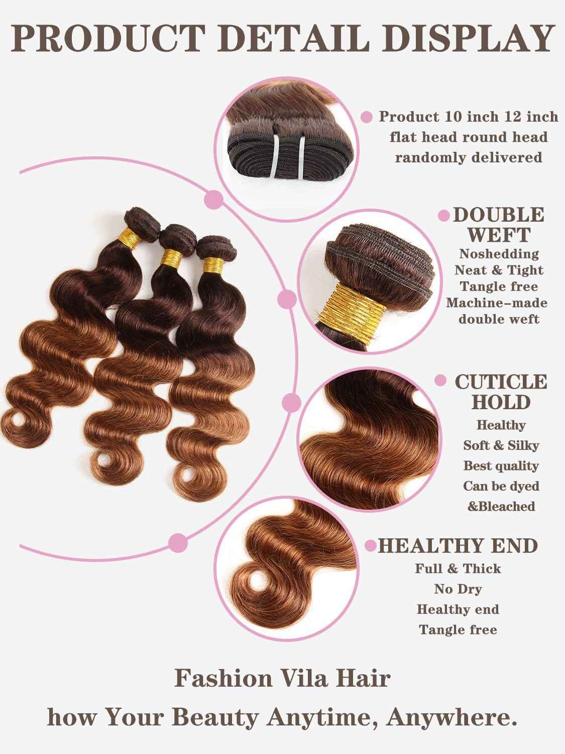 2 Tone Ombre Brazilian Body Wave Hair 3 Bundles Brazilian Remy Virgin Human Hair Weave Bundles 100% Unprocessed Body Wave Human Hair Extensions T4/30 Medium Brown/Medium Auburn(10 12 14)