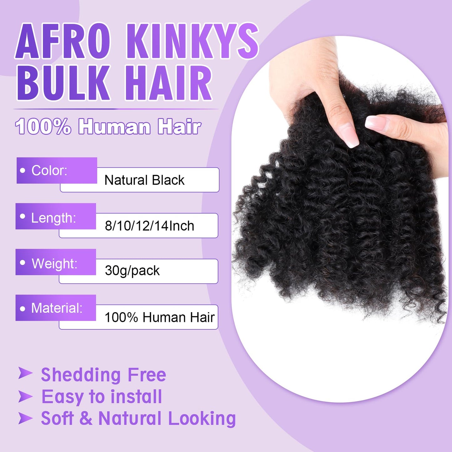 14 inches Afro Kinkys Bulk Human Hair for Dreadlocks Extensions Repair Locs, Twist Braiding Afro Kinky Human Hair for Locs 1 Pack 30 Gram Natural Black Color（14 Inch，Pack/4)