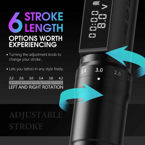 Tattoo Gun - Kiss of Dragon 2400mAh Rotary Tattoo Machine with 6 Adjustable Stroke Lengths, Coreless Motor Options Dual batteries for longer working time-Professional Tattoo Artis