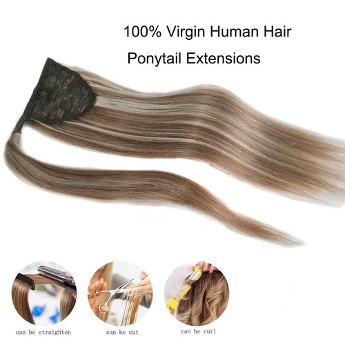 Ugrace Hair Blonde Ponytail Extension Human Hair Ponytail For Women Clip In Hair Extensions Wrap Around Long Ponytail Remy Straight One Piece Hairpiece Hair(16 inch, Highlight P10/613)