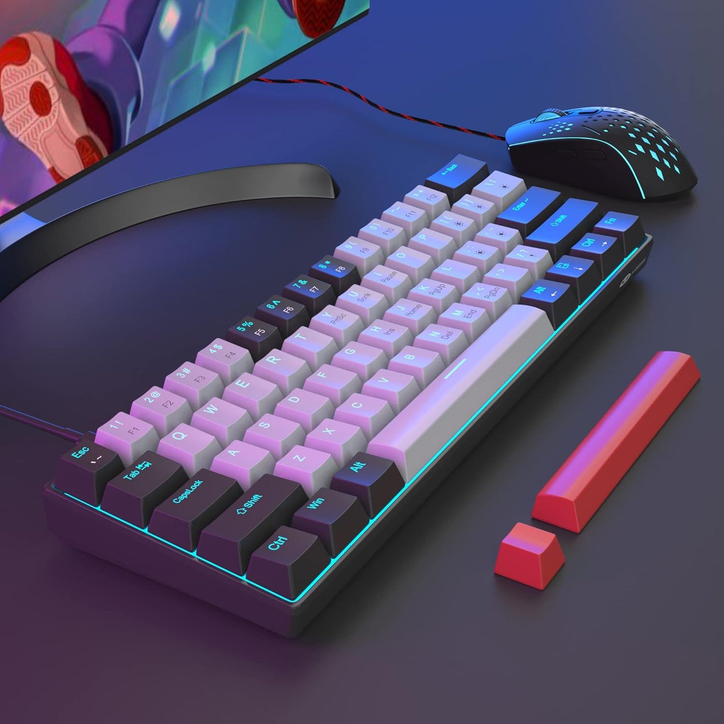 60% Mechanical Gaming Keyboard, White Gaming Keyboard with Red Switches, Detachable Type-C Cable Mini Keyboard with Blue LED Light for/PC/Laptop