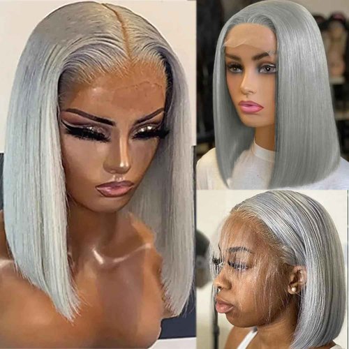 Benafee Grey Silver Bob Wig Human Hair 13x4 HD Lace Front Wig Glueless Wigs Human Hair Pre Plucked Gray Short Bob Lace Frontal Wigs for Black Women Nature Hairline 180% Density 12 Inch