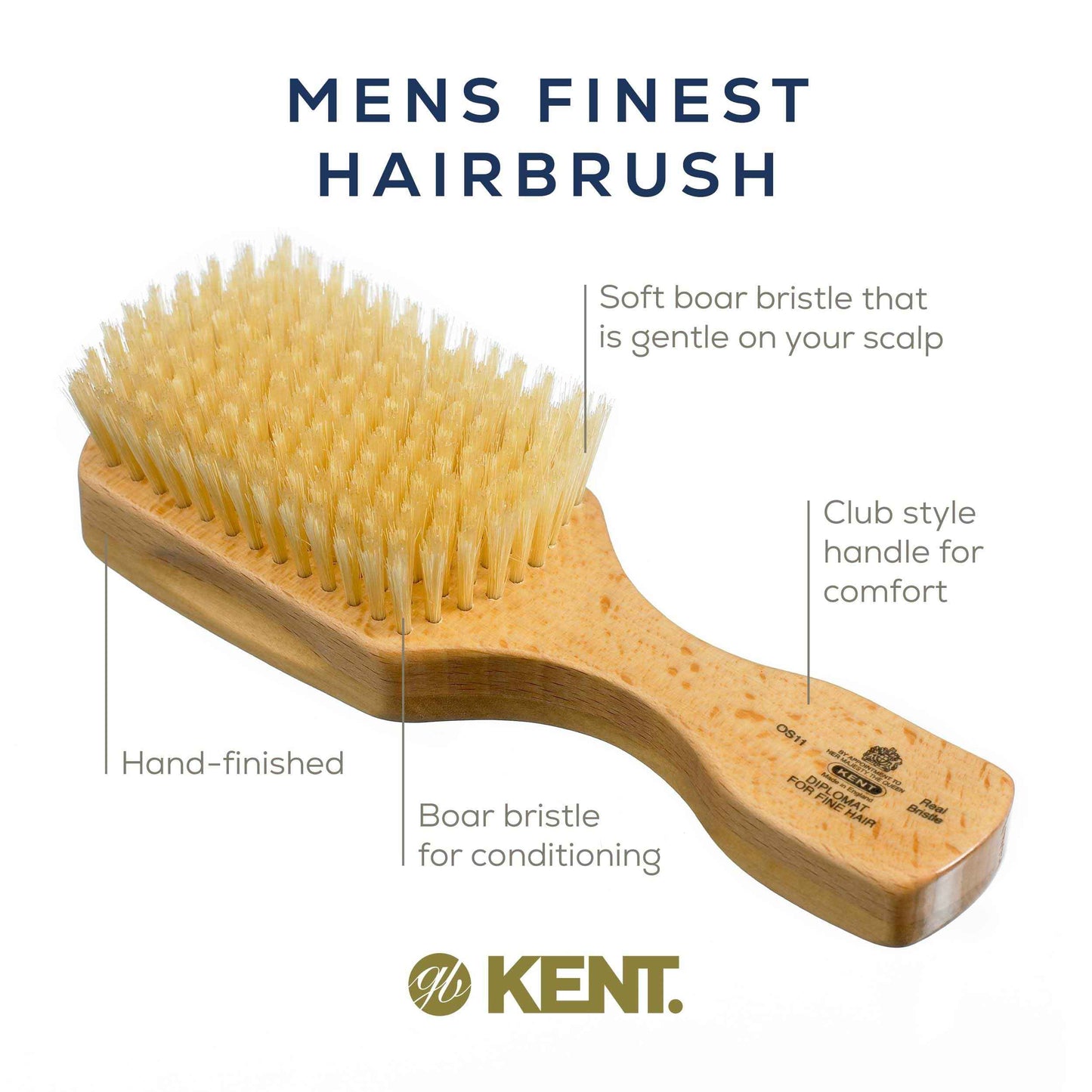 Kent OS11 Satinwood Military Club Hair Brush & Beard Brush – Soft White Boar Bristles for Fine or Thinning Hair, Recommended for Sensitive Scalp and Hair Loss, Men's Grooming, and Beard Care