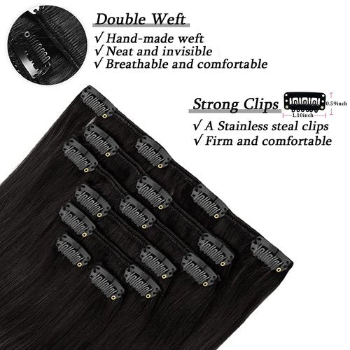 Savasana Clip in Hair Extensions Real Human Hair Straight 7 Pcs Long Black Hair Extensions Double Weft Thick Natural Black 20 Inch 120g