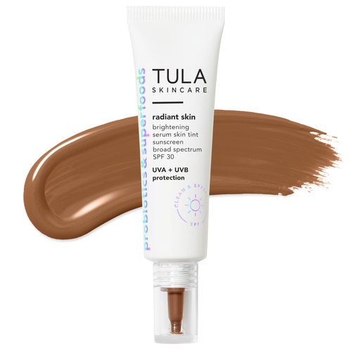 TULA Skin Care Radiant Skin Brightening Serum Skin Tint SPF-Facial Sunscreen Provides Broad Spectrum SPF 30 Protection, Tinted, Serum-Light Formula Brightens and Evens Skin-Shade 24, 1.0 fl oz.