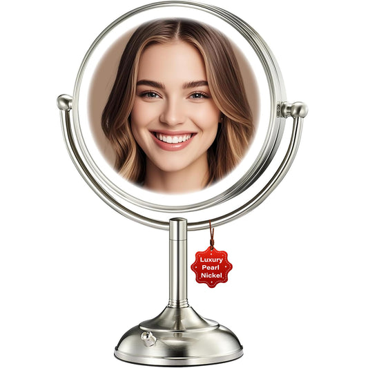 2025 VESAUR 9" Large 5000mAh Rechargeable Lighted Makeup Mirror Nickel, 1X/10X/20X HD Magnifying Mirror with Compact Suction Mirror, 3 Color Dimmable light, 360°Swivel Seamless Vanity Mirror, Gift Box