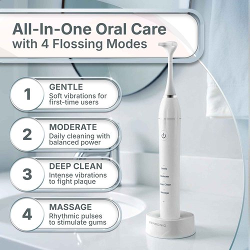 DENSONIC Electric Flosser Kit with Tongue Scraper | No Water, No Mess | Easy Gliding Dental Floss for Gentle Gum Care | Cordless Sonic Power | 50 Replaceable Heads [Celeste Blue]