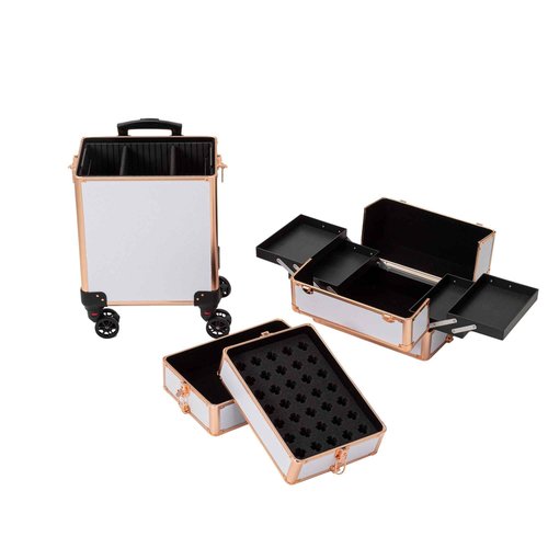 Channcase 4 in 1 Portable Traveling Aluminum Professional Makeup Trolley Cart with Multiple-Sized Compartments and Wheels (Gold with White)