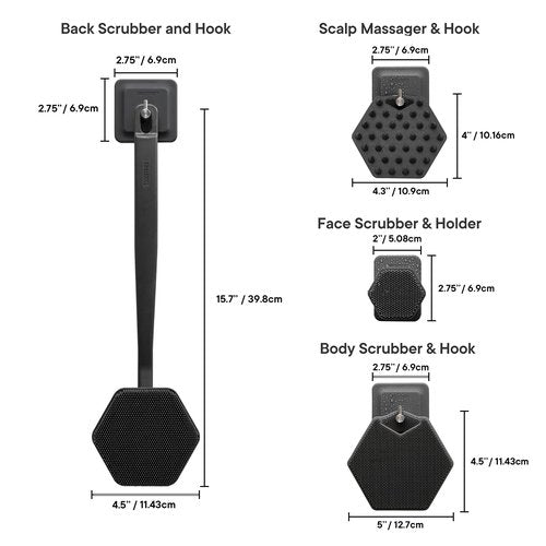 TOOLETRIES The Scrub King - Men's Silicone Body and Face Scrubber Set - Back Scrubber for Shower, Body Scrubbers, Storage Hooks, & Face Brush Holder - Shower Accessories for Men - Charcoal