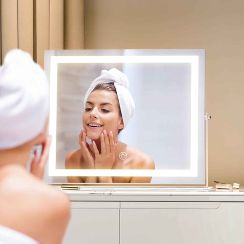 Hasipu Vanity Mirror with Lights, 19.6" x 15.7" LED Makeup Mirror, 3 Color Modes Touch Control and Brightness Adjustment Lighting Mirror, 10X Magnifying Glass, 360° Rotation
