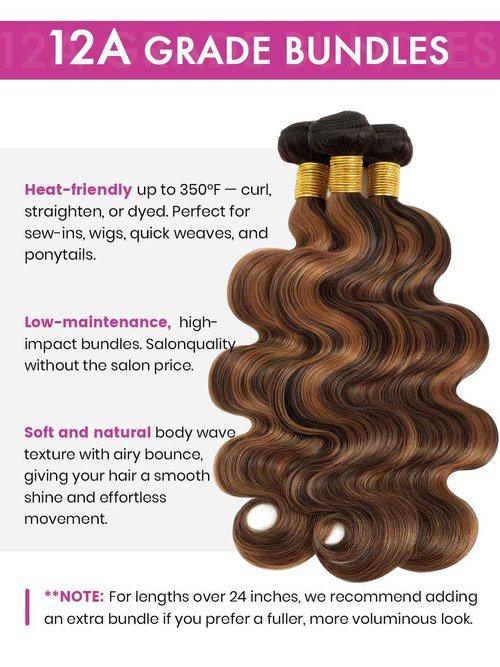 Anmetan Highlight Honey Blonde FB30 Body Wave Human Hair Bundles with 4x4 Lace Closure, Black and Brown Highlight 3 Bundles with HD Transparent Lace Soft 12A Remy Hair Balayage Colored 12 14 16 +12 In