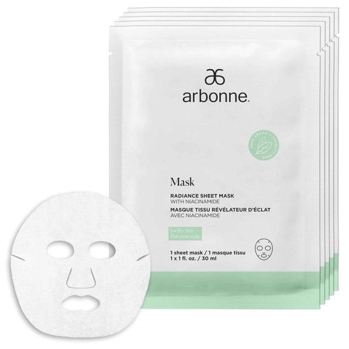 Arbonne Radiance Face Sheet Mask - Sheet Face Mask with Niacinamide for Dry and Dull Skin, Enhance Brightness, Tone, Smooth and Hydrate Skin - 5 Pack