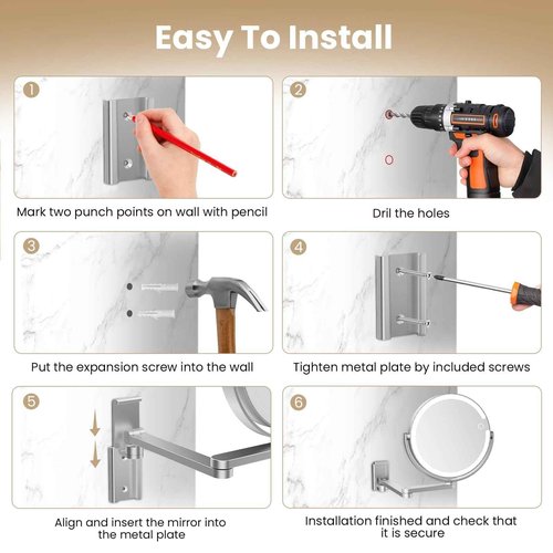 FRANO Wall Mounted Makeup Mirror with Lights, 8-inch 20X/1X Magnifying Mirror, Rechargeable LED Vanity Mirror with 3 Color Lights, 360° Swivel & Extendable Arm