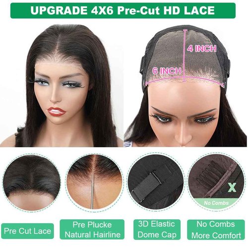 Wavymy 6x4 Glueless Bob Wigs Human Hair Straight Wear and Go Glueless Wig 180% Density HD Lace Front Wigs Human Hair Middle Part Wigs Pre Cut Lace Brazilian Virgin Human Hair for Beginners 12 inch