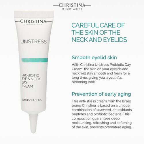 -CHRISTINA- Unstress Probiotic Eye & Neck Day Cream for Face | Peptide Eye Cream Nourishes, Protects, & Soothes Face Skin | Face Moisturizer for Normal, Dry & Sensitive Skin 1 fl. oz (30 ml)