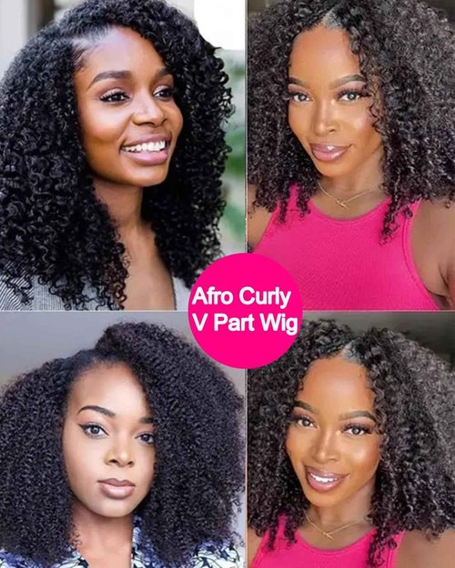 V SHOW Curly V Part Wig Human Hair Upgrade U Part Wig Human Hair Wigs for Women Glueless V Shape Wig Afro Curly Wigs No Leave Out 180% Density Natural Color 18Inch