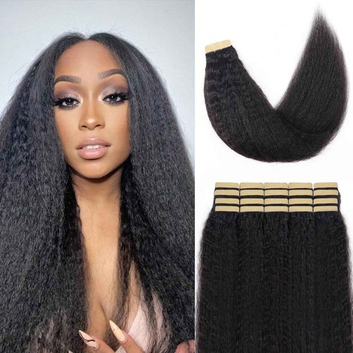 Liqusee Kinky Straight Tape In Hair Extensions Human Hair 100% Remy Hair Natural Black 22 inch 20pcs 50g/Pack Double Sided Seamless Skin Weft Tape ins Real Human Hair Extensions for Black Women