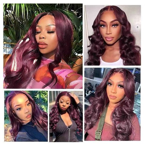 HENGROSE Burgundy Body Wave Lace Front Wigs Human Hair Pre Plucked with Baby Hair 180% Density 13x4 HD Transparent Glueless Lace Frontal Wigs for Women Natural Hairline (24inch)
